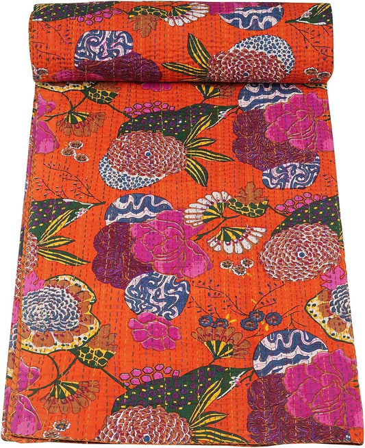 Decorative fabric with floral pattern on an orange background