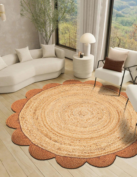 Round woven rug in a living room with a couch and lamp