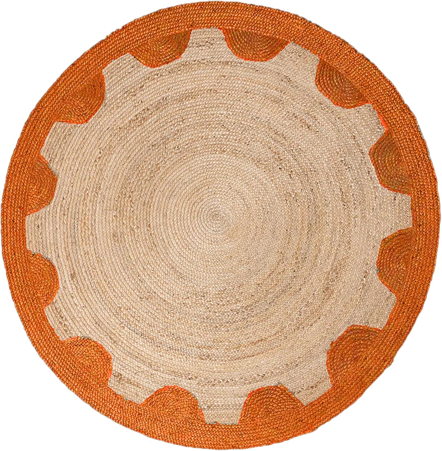 Natural Jute Area Rug with scalloped orange border, perfect for indoor or outdoor use.