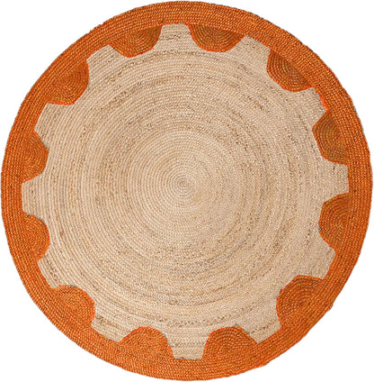 Natural Jute Area Rug with scalloped orange border, perfect for indoor or outdoor use.