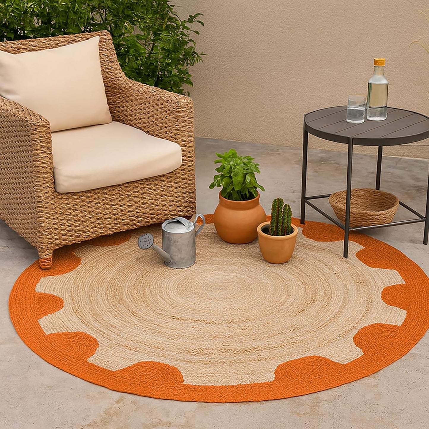 Natural Jute Area Rug with scalloped orange border, perfect for indoor or outdoor use, enhancing any living space.