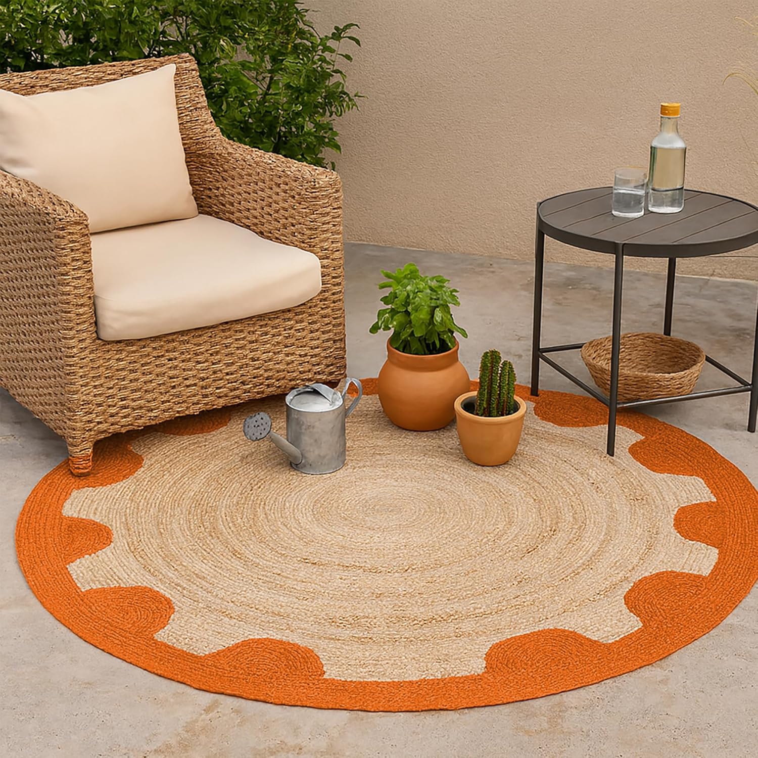 Natural Jute Area Rug with scalloped orange border, perfect for indoor or outdoor use, enhancing any living space.