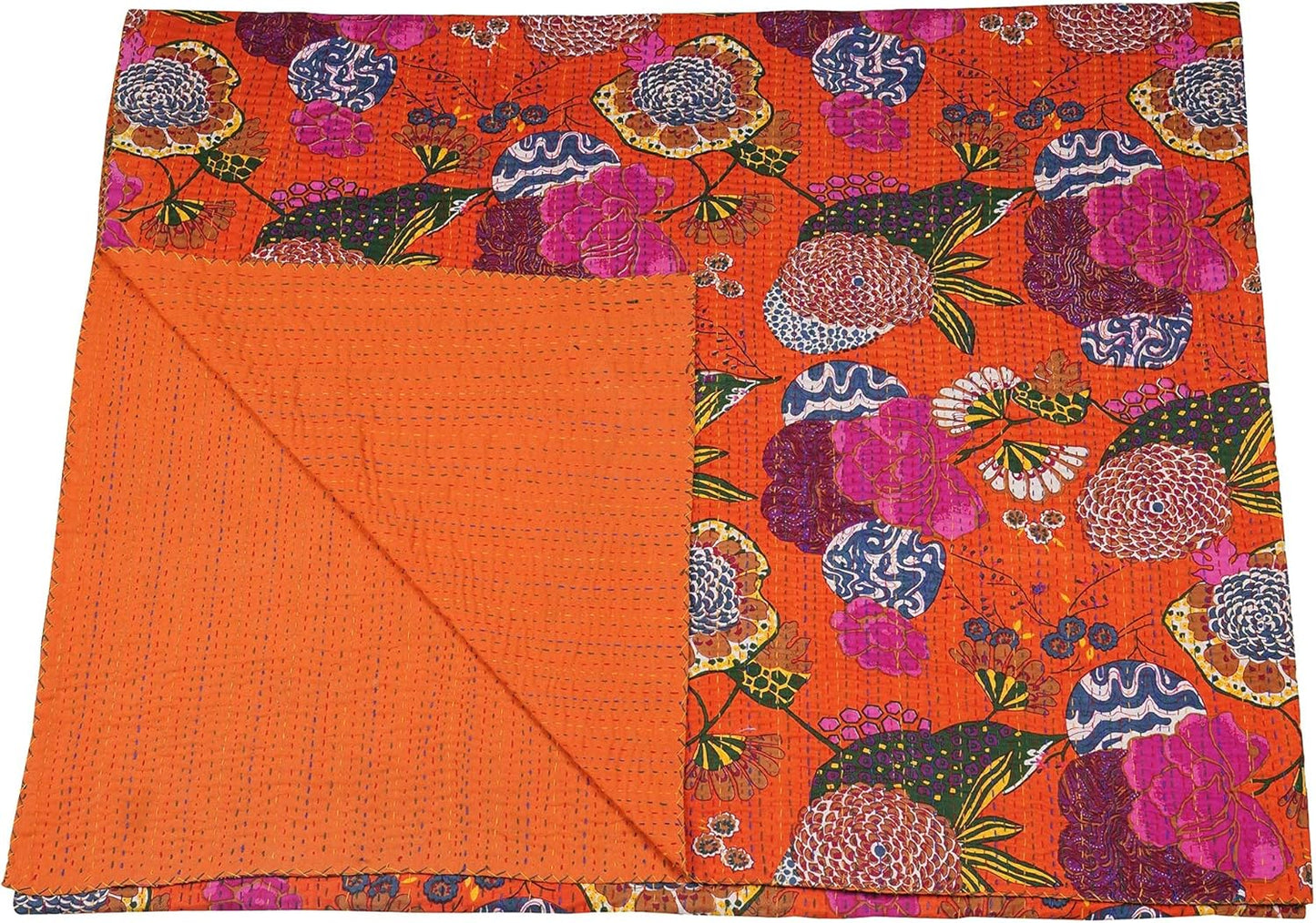 Colorful floral-patterned fabric on an orange background