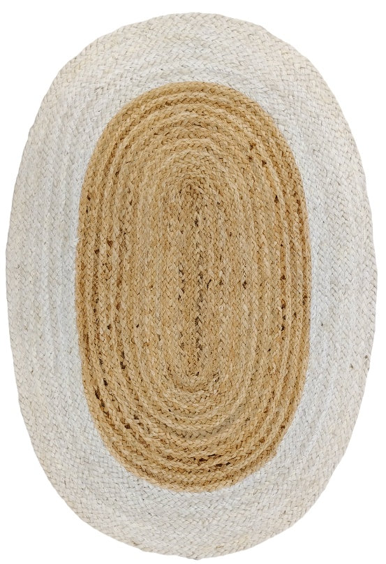 Round woven rug with beige center and white border on a white background