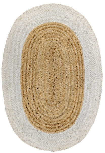 Round woven rug with beige center and white border on a white background