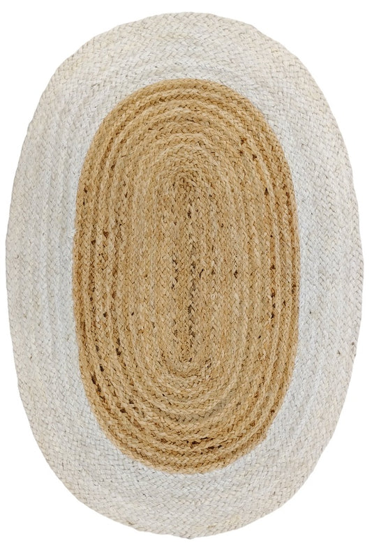 Round woven rug with beige center and white border on a white background
