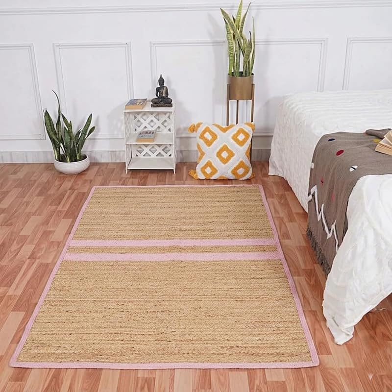 Beige jute bed side runner with purple border, Natural Jute Area Rug in a bedroom setting