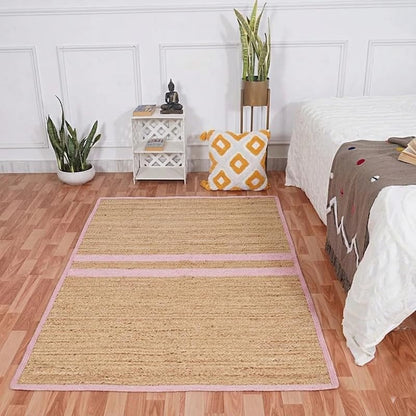 Beige jute bed side runner with purple border, Natural Jute Area Rug in a bedroom setting