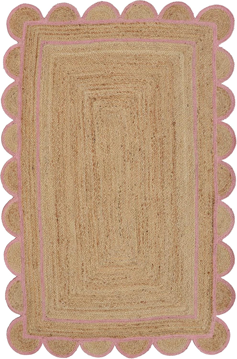 Handmade Natural Pink Scalloped Jute Rug Rectangle Braided Area Rug Farmhouse Boho Nursery Bedroom Living Room Entryway Rug