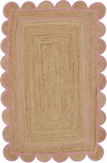 Handmade Natural Pink Scalloped Jute Rug Rectangle Braided Area Rug Farmhouse Boho Nursery Bedroom Living Room Entryway Rug
