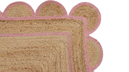 Handmade Natural Pink Scalloped Jute Rug Rectangle Braided Area Rug Farmhouse Boho Nursery Bedroom Living Room Entryway Rug