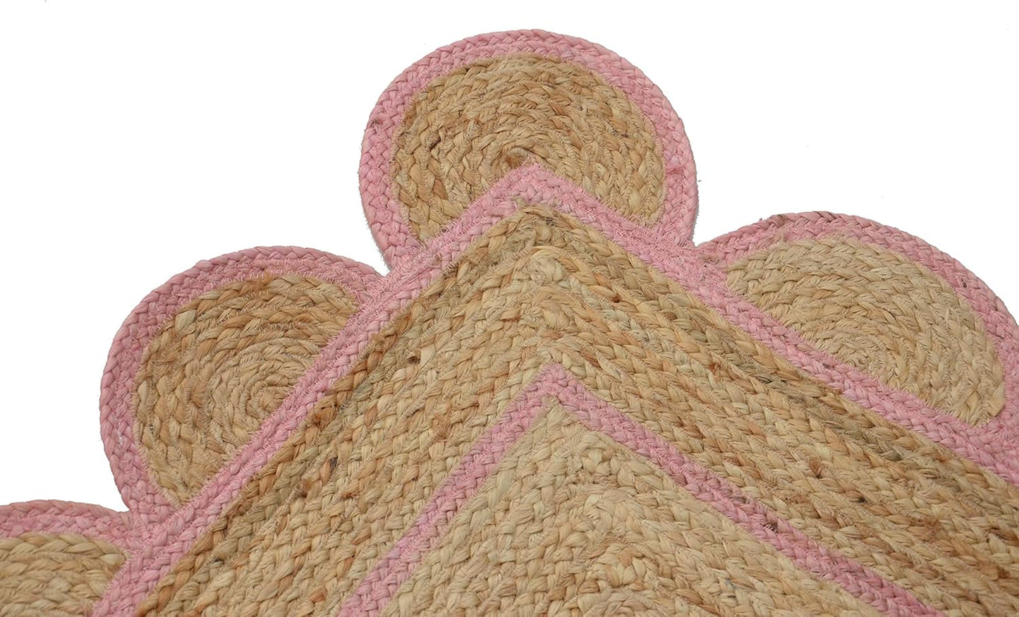 Handmade Natural Pink Scalloped Jute Rug Rectangle Braided Area Rug Farmhouse Boho Nursery Bedroom Living Room Entryway Rug