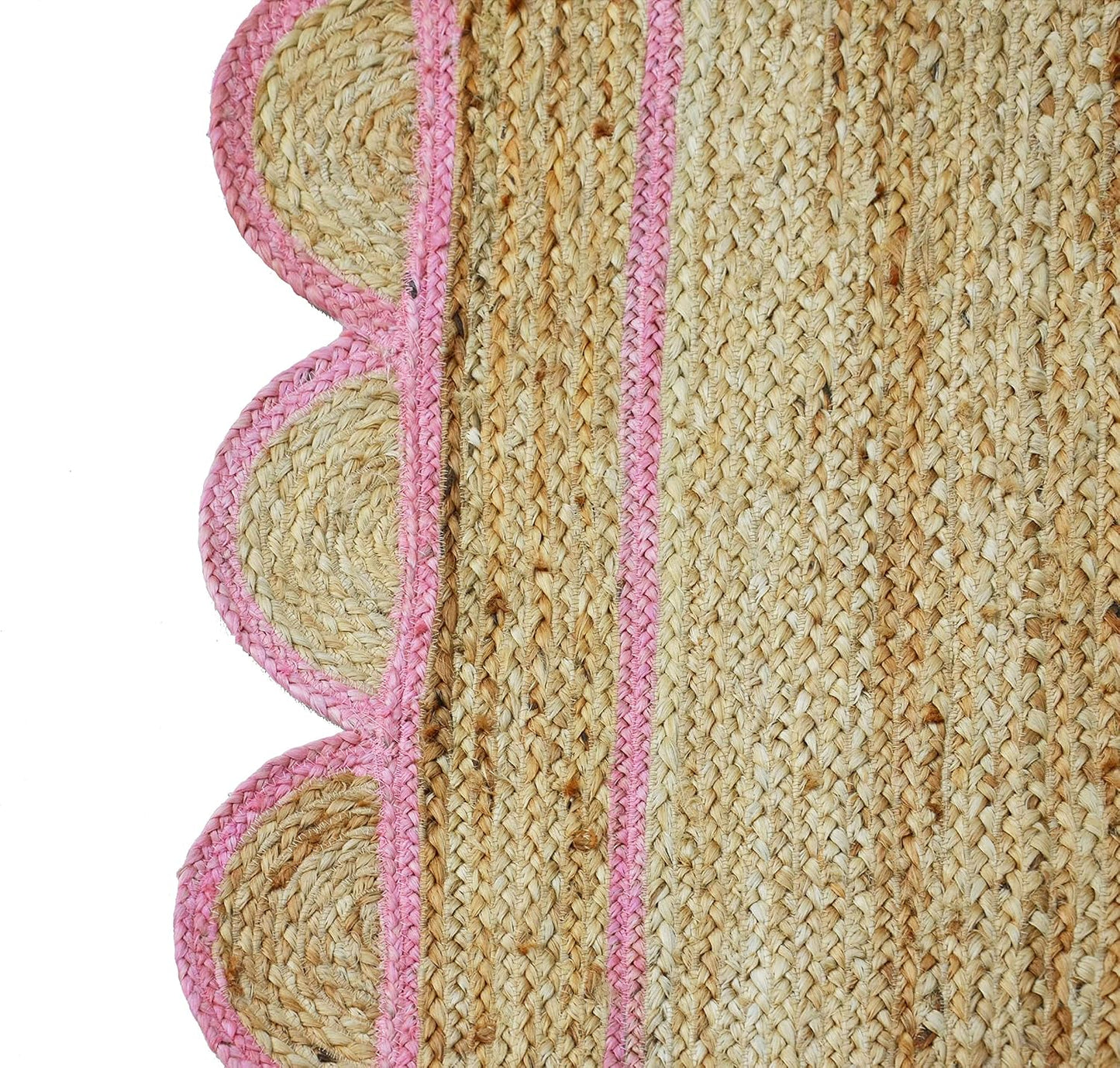 Handmade Natural Pink Scalloped Jute Rug Rectangle Braided Area Rug Farmhouse Boho Nursery Bedroom Living Room Entryway Rug