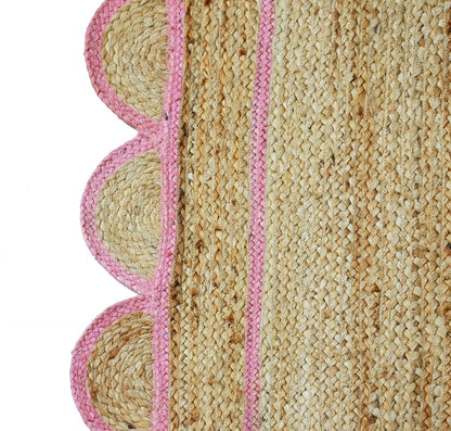 Handmade Natural Pink Scalloped Jute Rug Rectangle Braided Area Rug Farmhouse Boho Nursery Bedroom Living Room Entryway Rug