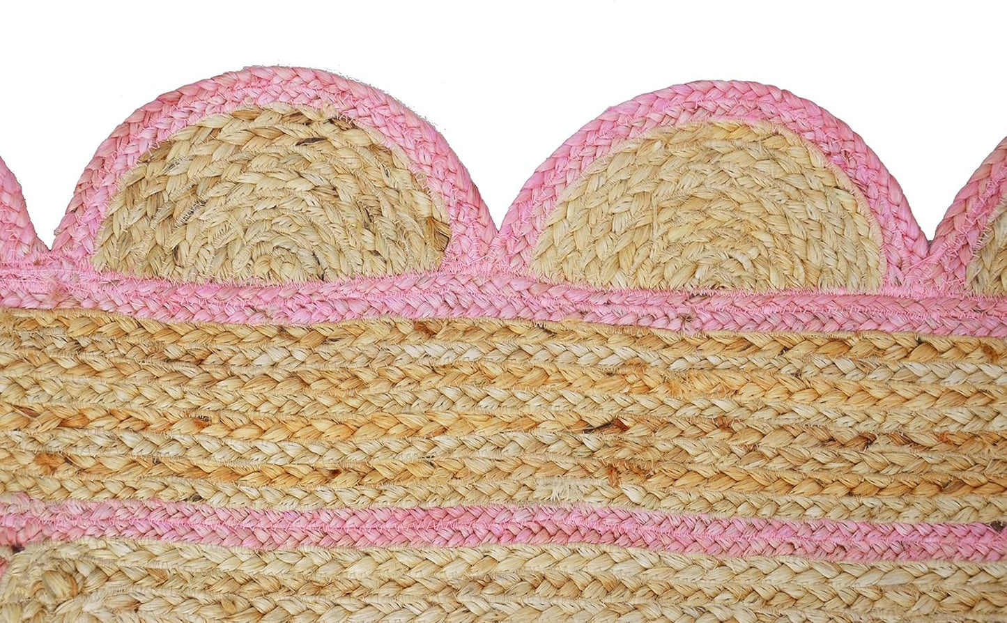 Handmade Natural Pink Scalloped Jute Rug Rectangle Braided Area Rug Farmhouse Boho Nursery Bedroom Living Room Entryway Rug