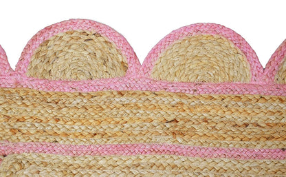 Handmade Natural Pink Scalloped Jute Rug Rectangle Braided Area Rug Farmhouse Boho Nursery Bedroom Living Room Entryway Rug