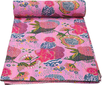 pink cotton quilt with floral print and kantha stitching for bedding