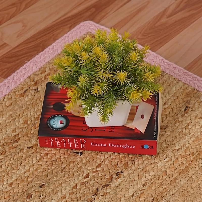 Natural Jute Area Rug in beige woven texture with books and flower pot on round rug