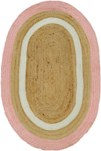 Oval jute rug with pink, white, and natural colors, perfect for adding a chic touch to any room.