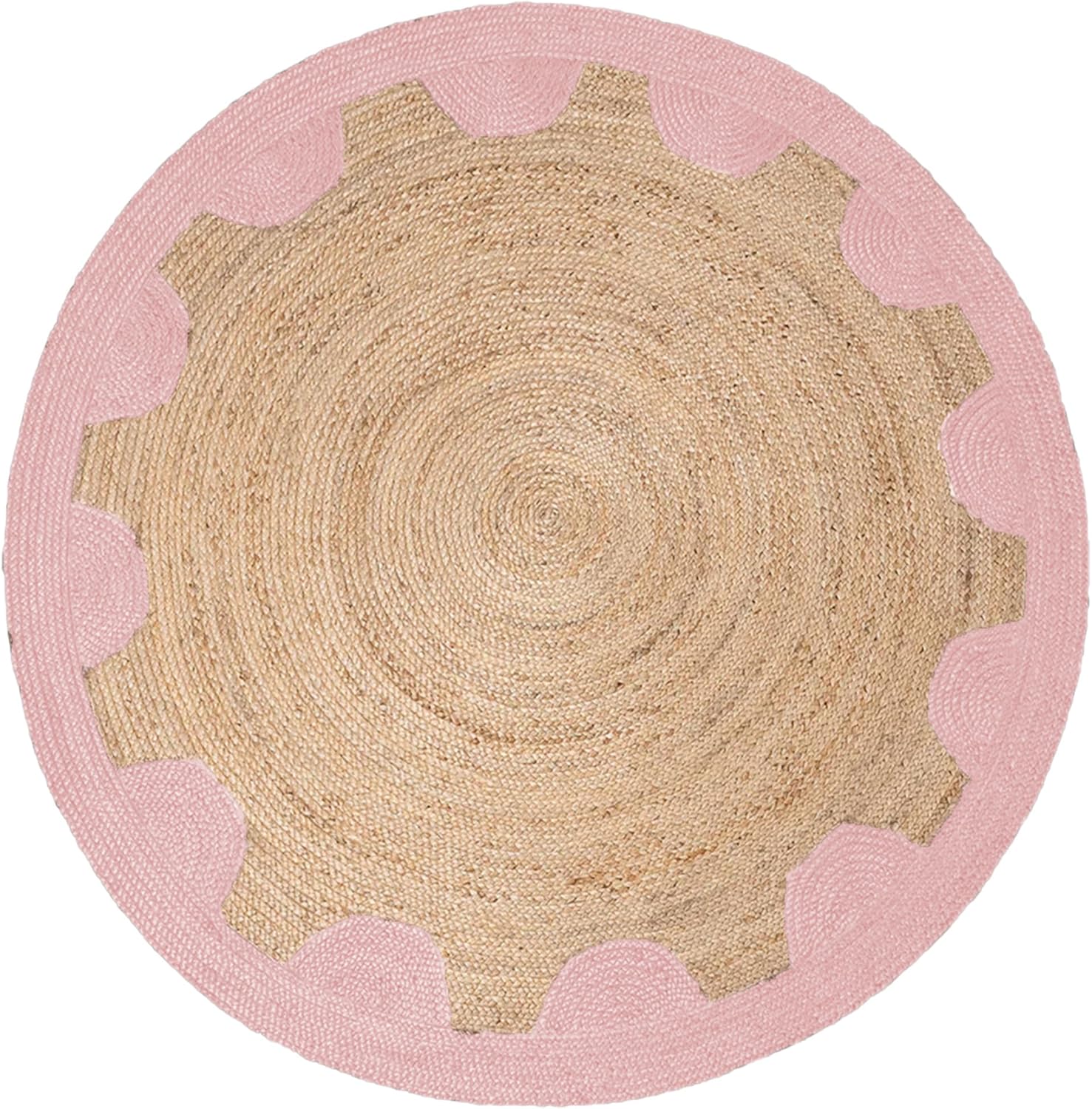 Natural Jute Area Rug in round shape with scalloped pink edges, ideal for living room or entryway decor.
