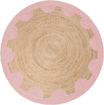 Natural Jute Area Rug in round shape with scalloped pink edges, ideal for living room or entryway decor.