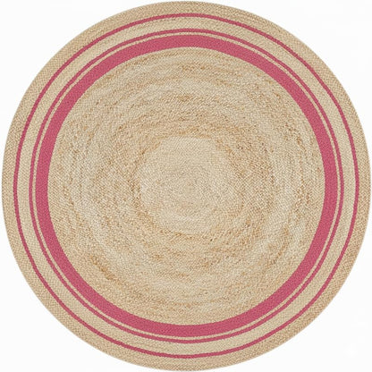 Round jute rug with pink stripes on a white background