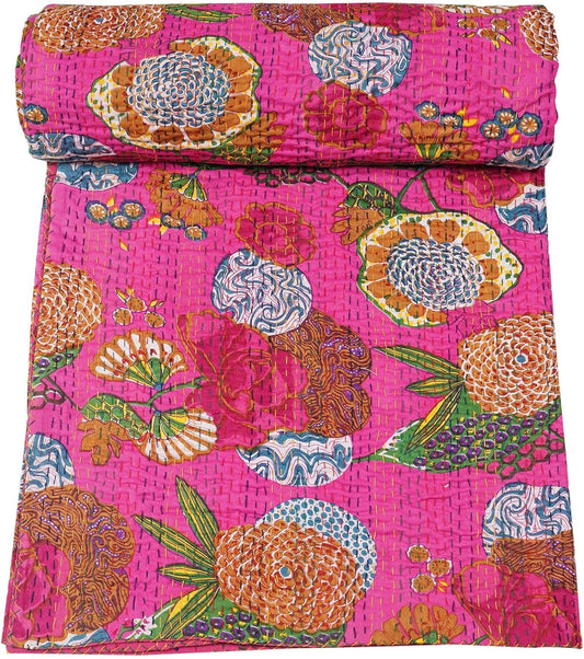 pink handmade kantha quilt cotton bedspread with floral print