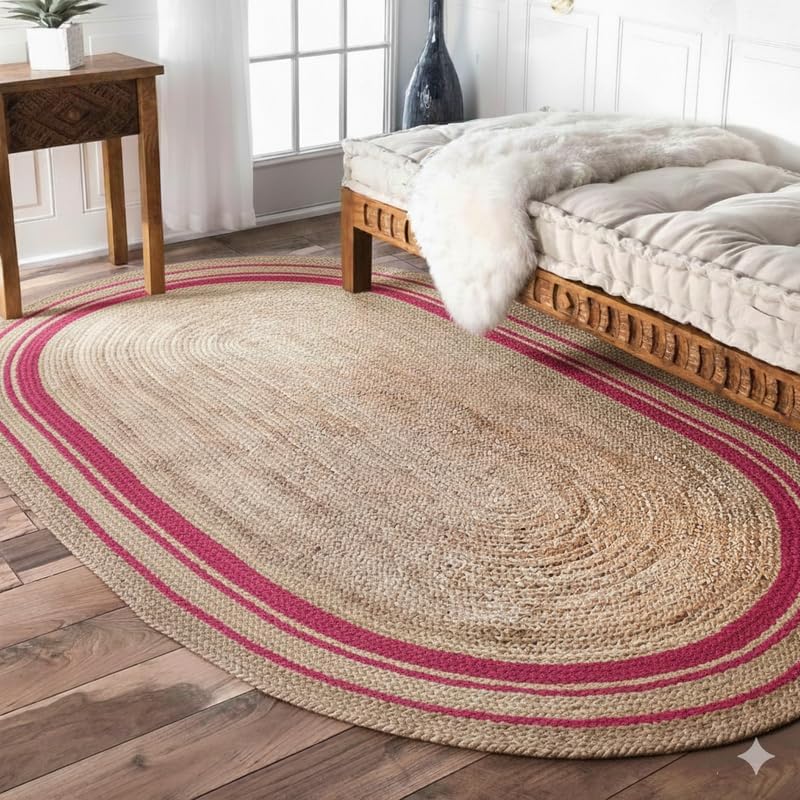 Round jute rug with pink stripes on a wooden floor in a room with a bed and table.