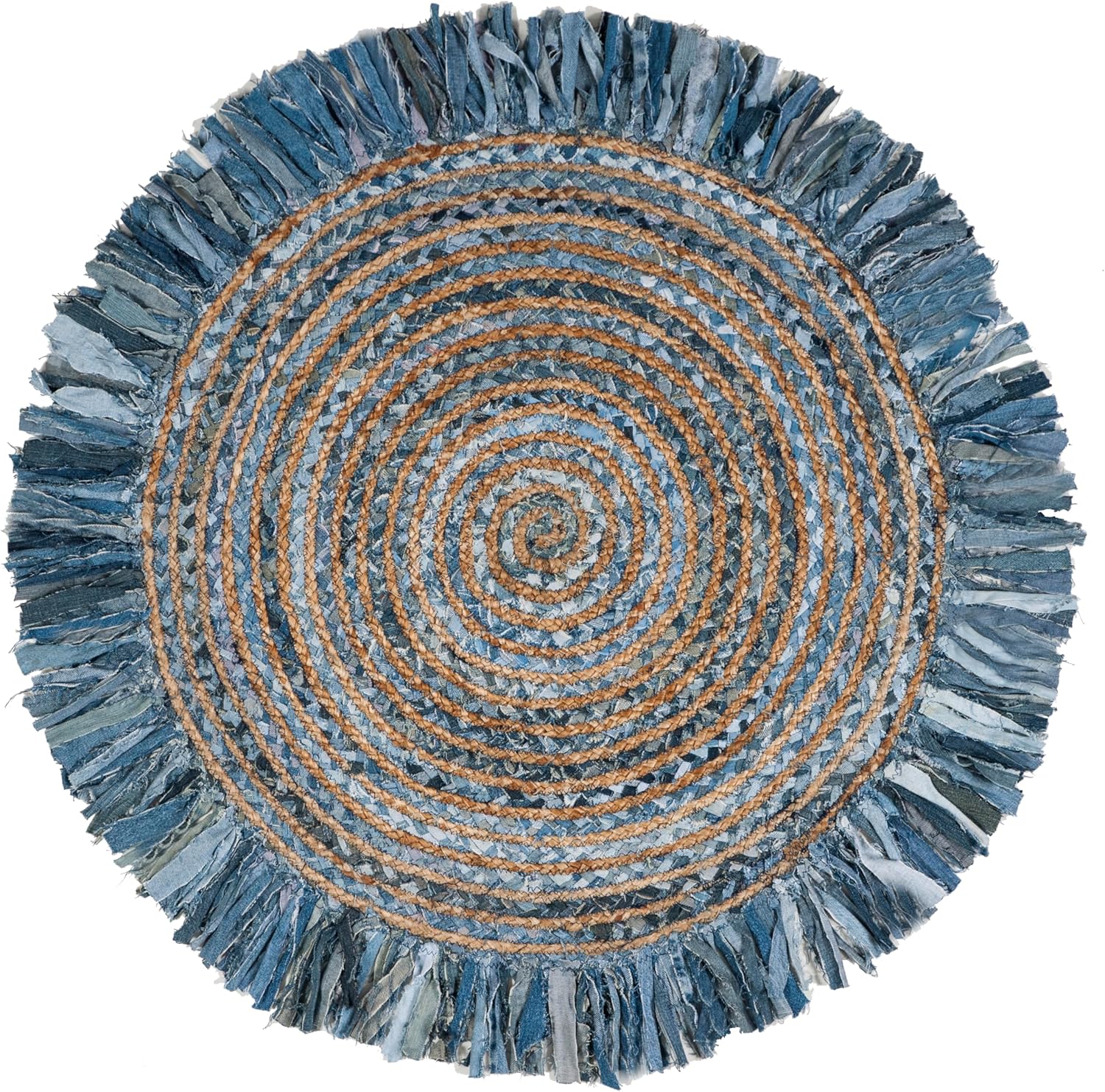 Natural Jute Area Rug in a round shape with textured blue and beige strands, perfect for adding warmth to any space.