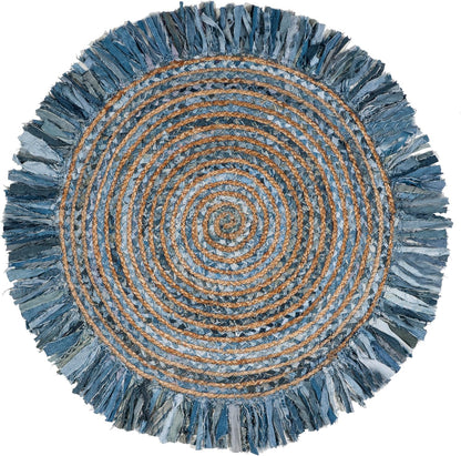Natural Jute Area Rug in a round shape with textured blue and beige strands, perfect for adding warmth to any space.