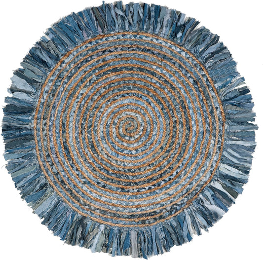 Natural Jute Area Rug in a round shape with textured blue and beige strands, perfect for adding warmth to any space.