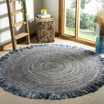 Natural Jute Area Rug with a textured finish, featuring a round shape and fringed edges, perfect for any living space.