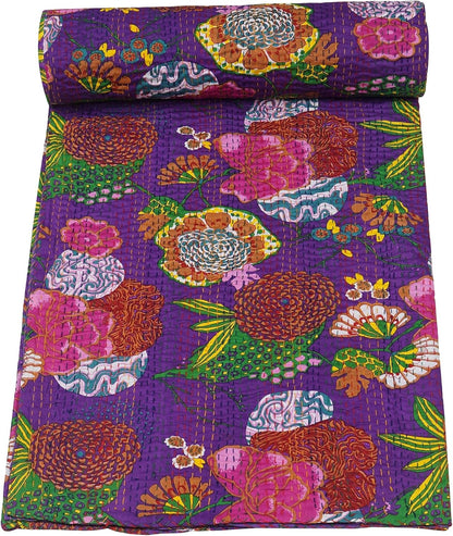 purple kantha quilt handmade cotton bedspread with floral print