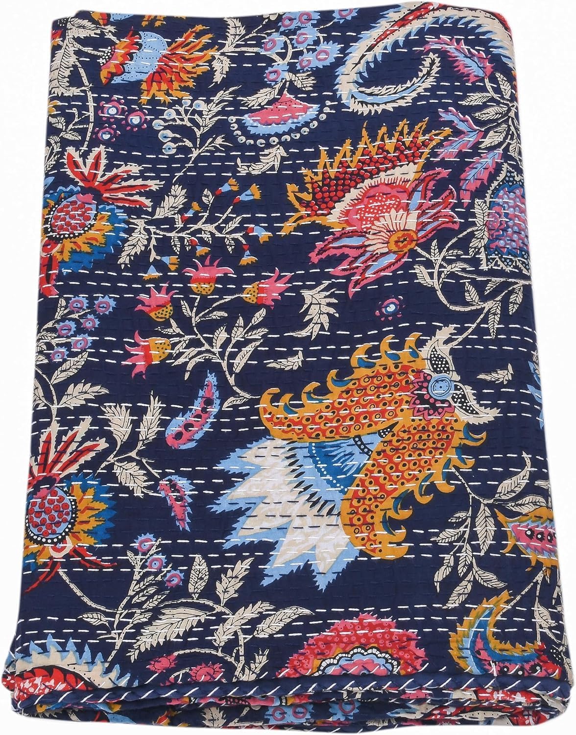 Colorful embroidered fabric with floral and animal patterns on a blue background