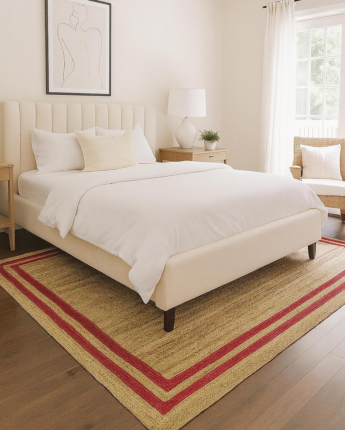 Natural Jute Area Rug with red border placed under a bed in a bright, modern bedroom setting