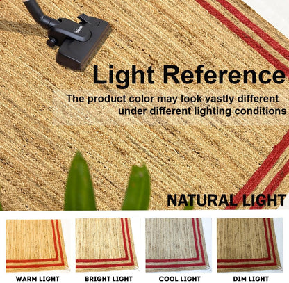 Natural Jute Area Rug with red border, ideal for living room or entryway use, showcasing eco-friendly materials.