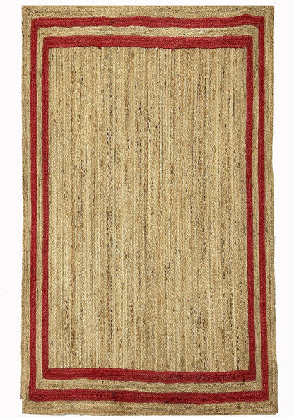 Natural Jute Area Rug with a red border, perfect for living room or entryway as a stylish floor carpet.