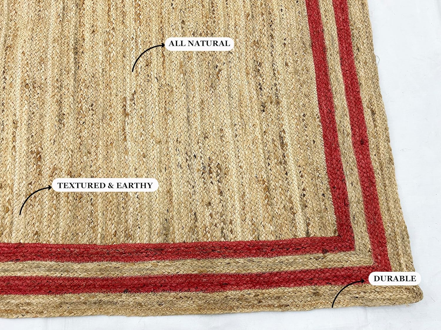 Natural Jute Area Rug with red border, durable and textured, ideal for living room or entryway floor carpet