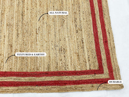 Natural Jute Area Rug with red border, durable and textured, ideal for living room or entryway floor carpet