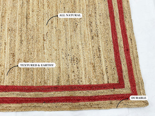 Natural Jute Area Rug with red border, durable and textured, ideal for living room or entryway floor carpet