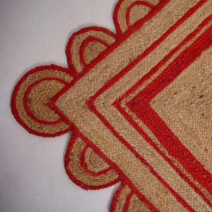 Handmade Natural Red Scalloped Jute Rug Rectangle Braided Area Rug Farmhouse Boho Living Room Bedroom Entryway Rug