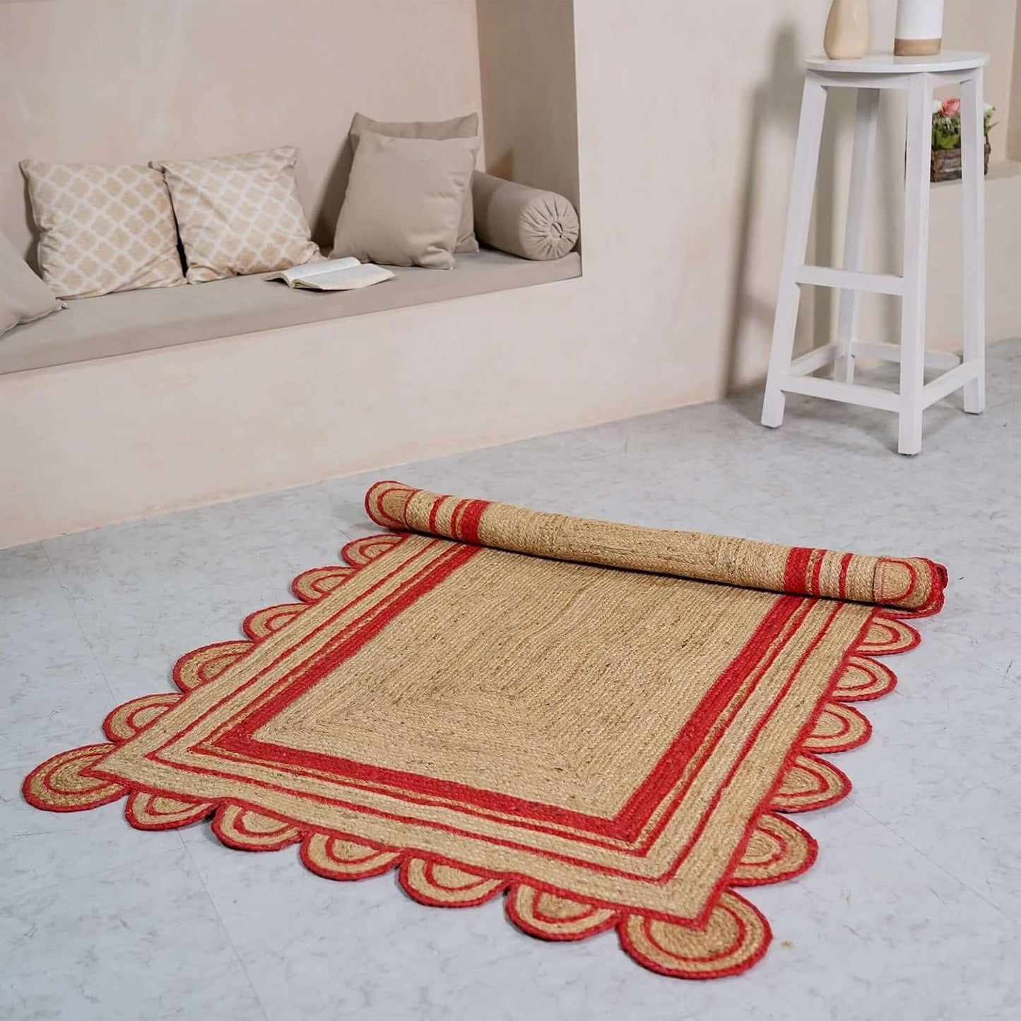 Handmade Natural Red Scalloped Jute Rug Rectangle Braided Area Rug Farmhouse Boho Living Room Bedroom Entryway Rug