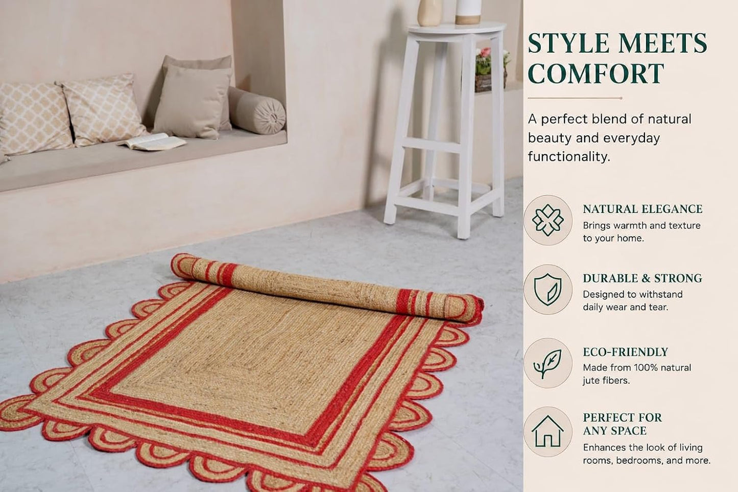 Handmade Natural Red Scalloped Jute Rug Rectangle Braided Area Rug Farmhouse Boho Living Room Bedroom Entryway Rug