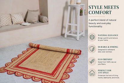 Handmade Natural Red Scalloped Jute Rug Rectangle Braided Area Rug Farmhouse Boho Living Room Bedroom Entryway Rug