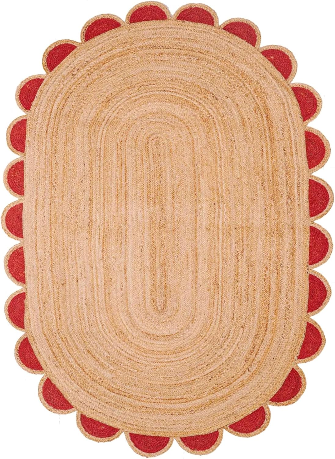 Oval braided jute rug in natural color with red scalloped edges, perfect for adding warmth to any room.