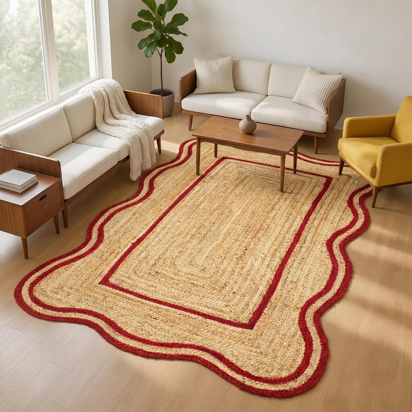 Natural Jute Area Rug with scalloped edges in a living room setting, complementing modern furniture and decor.