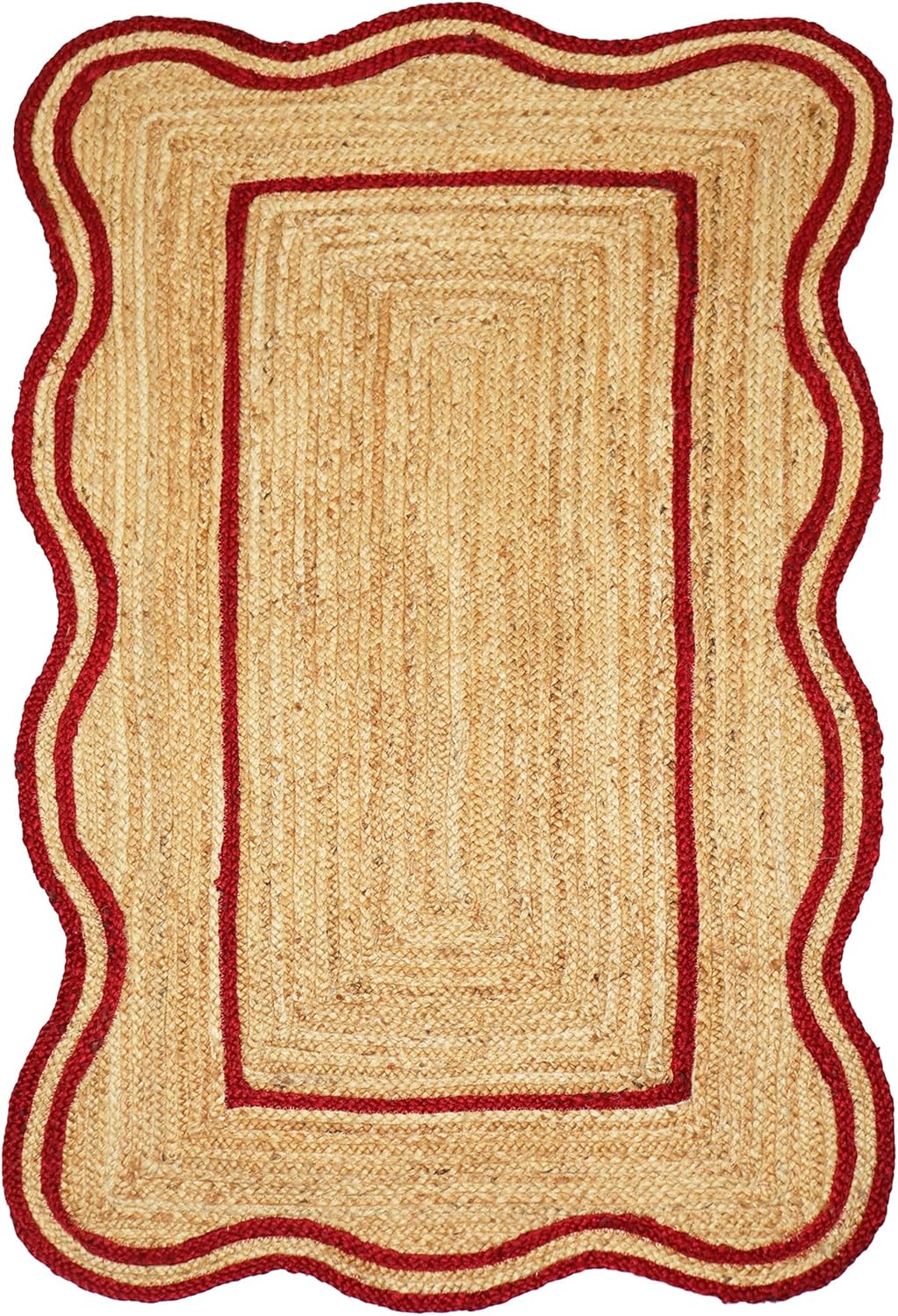 Natural Jute Area Rug with scalloped edges and red border, suitable for indoor or outdoor spaces.