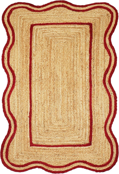 Natural Jute Area Rug with scalloped edges and red border, suitable for indoor or outdoor spaces.