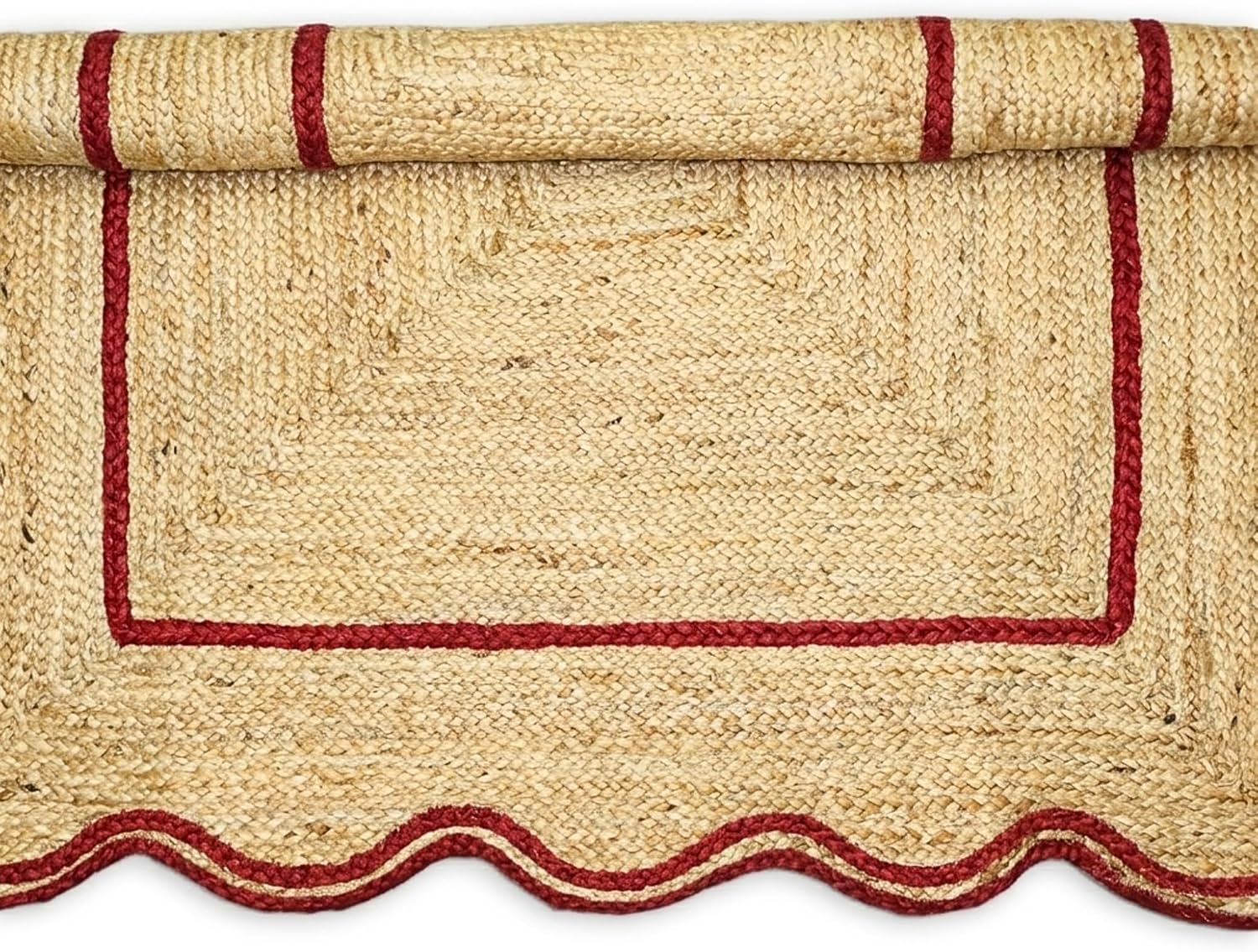 Natural Jute Area Rug with scalloped edges and red border, perfect for entryways or living spaces.