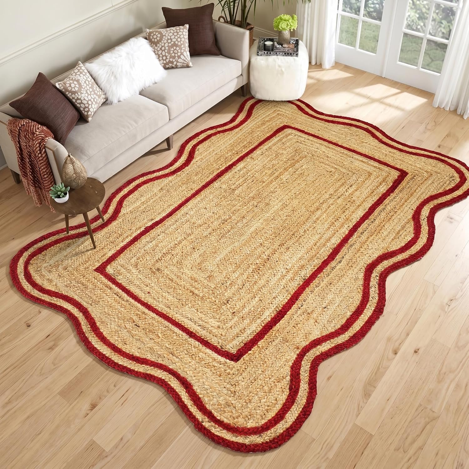 Natural Jute Area Rug with red scalloped border, ideal for living room or entryway floor carpet.